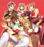  6+girls chain chains dixie_cup_hat genderswap giorno_giovanna harem hat higashikata_jousuke higashikata_jousuke_(jojolion) johnny_joestar jojo_no_kimyou_na_bouken jojolion jonathan_joestar joseph_joestar_(young) kuujou_jolyne kuujou_joutarou multiple_girls simple_background steel_ball_run tatsumi 