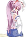  alternate_hairstyle animal_ears bare_shoulders blush bunny_ears chimunge cosplay detached_sleeves kochiya_sanae kochiya_sanae_(cosplay) lavender_hair long_hair looking_back ponytail rabbit_ears red_eyes reisen_udongein_inaba simple_background solo touhou very_long_hair 