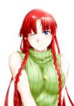  bare_shoulders blue_eyes braid highres hong_meiling jewelry long_hair necklace niwatazumi no_hat no_headwear red_hair redhead ribbed_sweater sleeveless sleeveless_turtleneck smile solo star sweater touhou turtleneck twin_braids wink 
