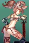  animal_ears armor ass bikini_armor black_legwear blush breasts cherokee_(pixiv) copyright_request gauntlets highres looking_at_viewer red_eyes red_hair redhead smile solo tail thigh-highs thighhighs thong under_boob underboob 