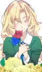  blue_rose closed_eyes eyes_closed flower ib long_hair long_sleeves mary_(ib) red_rose rose sagiyama smile solo wavy_hair yellow_rose 