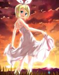  ass blonde_hair blue_eyes cloud clouds dress dress_lift from_behind hairband kagamine_rin keikotsu looking_at_viewer looking_back no_panties open_mouth see-through short_hair sky solo sundress sunset vocaloid 