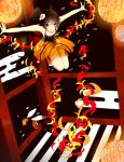  absurdres araragi_karen bare_shoulders bee black_eyes black_hair breasts cleavage egasumi fire fried_egg hair_ornament highres lantern long_hair m0chigo3 monogatari_(series) nisemonogatari outstretched_arms paper_lantern shorts side_ponytail smile solo 