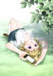  bad_id blonde_hair cellphone grass lying on_back ooshima_towa open_mouth original phone plaid plaid_skirt purple_eyes school_uniform short_hair skirt sleeves_rolled_up solo upside-down violet_eyes 