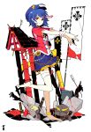  ahoge anklet arrow banner barefoot blood blue_hair female girl hat helmet ideolo jewelry kabuto miyako_yoshika nobori outstretched_arms red_eyes shide short_hair skirt solo solo1 standing_on_one_leg star sword touhou weapon zombie_pose 