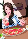  absurdres bad_id brown_eyes brown_hair chair collarbone dress dutch_angle flower food fork hair_flower hair_ornament highres holding indoors looking_at_viewer nanahime_(aoi) open_mouth original picture_(object) plant plate polka_dot polka_dot_dress side_ponytail smile solo soup spaghetti table tied_hair vegetable window 