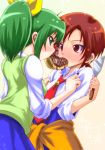  gekoge_satoru gkg666 green_eyes green_hair hino_akane midorikawa_nao mouth_hold multiple_girls necktie okonomiyaki precure red_eyes red_hair redhead school_uniform shared_food short_hair sleeves_rolled_up smile_precure! spatula sweater_around_waist sweater_vest white_background yuri 