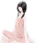  arm_support bangs bare_shoulders black_hair copyright_request indian_style nightgown sawasawa see-through simple_background sitting solo twintails white_background 