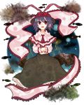  bad_id blush cloud clouds electricity fish frills hat hat_ribbon highres long_skirt nagae_iku open_mouth purple_hair red_eyes ribbon ringetsumon shawl short_hair skirt smile solo thunder touhou 