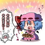  &gt;_&lt; blue_hair bread chibi cookie eating food hat izayoi_sakuya maid_headdress musical_note noai_nioshi raisin_bread remilia_scarlet touhou translated twin_braids white_hair wings 