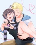  1girl black_hair blonde_hair closed_eyes couple eyes_closed heart heart_hands heart_hands_duo idolmaster ijuuin_hokuto jewelry kikuchi_makoto meteors necklace off_shoulder open_mouth overalls short_hair smile 