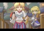  arm_warmers blonde_hair bottle breasts crossed_arms fang fun_bo green_eyes half_updo horn hoshiguma_yuugi letterboxed long_hair midriff mizuhashi_parsee multiple_girls navel orange_eyes pointy_ears sake_bottle scarf shirt short_hair skirt slit_pupils star touhou 