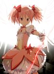  building choker dress gloves hair_ribbon highres kaname_madoka magical_girl mahou_shoujo_madoka_magica pink_eyes pink_hair ribbon shiotan short_twintails solo twintails wings 