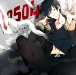  black_hair cellphone coat durarara!! fujimaru_(inumog) happy_birthday male orihara_izaya phone red_eyes road_sign short_hair sign solo 