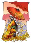  autumn_leaves flower flower_request japanese_clothes kimono kneeling koorimizu_aoya leaf long_hair looking_back maple_leaf obi oriental_umbrella original parted_lips silver_hair solo tree umbrella 