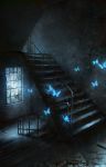  blue butterfly glowing indoors no_humans original railing ruins seafh stairs window 