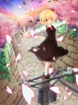  balancing blonde_hair cherry_blossoms cloud clouds dress hair_ribbon highres outstretched_arms petals red_eyes ribbon rumia solo street sunset telephone_pole touhou tree ue vines wall youkai 