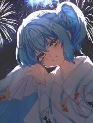  1other absurdres animal_print blue_hair blush buliedian081 chinese_commentary chromatic_aberration colored_eyelashes commentary_request firework_background fireworks fish_print goldfish_print grin hair_between_eyes half-closed_eyes head_tilt highres japanese_clothes kimono long_sleeves other_focus print_kimono rimuru_tempest side_ponytail sidelocks sitting smile solo tensei_shitara_slime_datta_ken upper_body white_kimono wide_sleeves yellow_eyes 