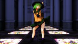  1girl :d bad_link blouse boots bow checkered_floor clothes_lift eyeball floral_print frilled_shirt_collar frills full_body furui green_eyes green_hair green_skirt hat hat_ribbon head_tilt heart heart_of_string indoors komeiji_koishi long_sleeves looking_at_viewer mikumikudance_(medium) open_mouth pillar ribbon shirt short_hair skirt skirt_lift smile solo standing string thighs third_eye touhou wide_sleeves wind wind_lift yellow_shirt 