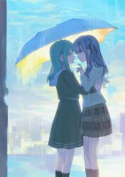  2girls absurdres bang_dream! bang_dream!_it's_mygo!!!!! black_ribbon black_socks blue_hair chinese_commentary closed_mouth commentary_request dress forehead-to-forehead from_side green_dress green_eyes green_hair grey_jacket hair_ribbon hand_on_another's_back haneoka_school_uniform heads_together highres holding holding_umbrella jacket kneehighs long_hair long_sleeves multiple_girls outdoors pleated_skirt profile rain ribbon sailor_collar school_uniform sigangsan skirt smile socks togawa_sakiko tsukinomori_school_uniform two_side_up umbrella wakaba_mutsumi white_sailor_collar yuri 