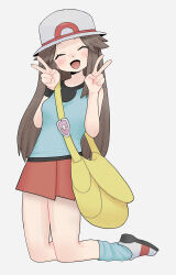  1girl :d absurdres bag blush brown_hair bucket_hat closed_eyes commentary_request double_v full_body hair_flaps hands_up happy hat highres kneeling leaf_(arknights) long_hair nwo_3_(phy_o_n) open_mouth pleated_skirt pokemon pokemon_frlg red_skirt shirt shoes shoulder_bag sidelocks skirt sleeveless sleeveless_shirt smile socks solo v vs_seeker yellow_bag 