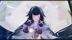  1girl artist_name black_hair blue_flower bow cat23 chinese_commentary closed_eyes closed_mouth columbina_(genshin_impact) commentary_request crescent dated dress eye_mask facing_viewer feathered_wings flower genshin_impact hair_ribbon head_wings highres long_hair mask multicolored_hair purple_hair ribbon see-through_clothes see-through_mask solo streaked_hair two-tone_hair upper_body white_bow white_dress white_ribbon white_wings wings 