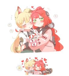  ! >_< 2girls ? alice_thymefield animal_ear_fluff animal_ears animal_on_back black_choker black_sailor_collar blonde_hair blush braid braided_twintails cardigan chest_bow choker closed_eyes closed_mouth commentary_request ear_blush flying_sweatdrops green_eyes green_skirt hair_ornament hearing_aid heart hug kamanosuke_(zenless_zone_zero) long_hair low_twintails multiple_girls open_mouth pink_cardigan rabbit_ears rabbit_girl rabbit_tail raccoon rebecca_(keinelove) red_hair sailor_collar shirt simple_background skirt smile sphere_hair_ornament spoken_exclamation_mark spoken_question_mark sweat sweatdrop tail tanuki twintails ukinami_yuzuha white_background white_shirt yuri zenless_zone_zero 