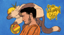  1boy ball black_hair blue_background closed_mouth colored_sclera commentary english_commentary facial_hair from_side gift_art holding holding_ball male_focus on_shoulder orange_eyes original passimian phi8 pokemon pokemon_(creature) pokemon_on_shoulder profile short_hair simple_background volleyball_(object) yellow_sclera 
