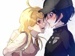  1boy 1girl akamatsu_kaede black_hair black_jacket blonde_hair blush breasts collared_shirt commentary_request danganronpa_(series) danganronpa_v3:_killing_harmony eye_contact fu_(bentoboqc) hair_between_eyes hair_ornament highres jacket large_breasts long_hair long_sleeves looking_at_another musical_note musical_note_hair_ornament open_mouth saihara_shuichi shirt short_hair simple_background smile vest white_shirt 