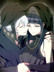  1boy 1girl alternate_costume annoyed arm_behind_another's_back bare_shoulders black_dress black_gloves black_hair black_robe blunt_bangs bridal_veil close-up closed_eyes closed_mouth couple curly_hair disgust dress elbow_gloves english_commentary forced from_side gloves grabbing_another's_arm hair_between_eyes hand_on_another's_shoulder hetero high_collar hug hyuuga_hinata incoming_kiss japanese_clothes leaning_back leaning_forward leaning_on_person light_particles looking_down looking_to_the_side mitsudomoe_(shape) naruto:_the_last naruto_(series) nipye official_alternate_costume ootsutsuki_toneri parted_lips puckered_lips purple_hair robe straight_hair tomoe_(symbol) upper_body veil violet_eyes wedding wedding_dress white_hair 