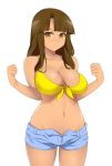  1girl bare_shoulders breasts brown_eyes brown_hair denim denim_shorts hevn large_breasts light_smile long_hair mound_of_venus navel saaya_(suisei_no_gargantia) short_shorts shorts simple_background suisei_no_gargantia white_background 