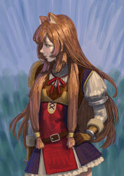  1girl alternate_breast_size_(smaller) animal_ear_fluff animal_ears armor belt black_dress breastplate brown_armor brown_belt brown_gloves brown_hair bryuenart closed_mouth commentary cosplay dress frilled_dress frills gloves gold_trim hair_tubes hand_on_own_hip highres layered_dress leather leather_armor leather_gloves long_hair long_sleeves looking_to_the_side metal_arm_cuffs metal_hair_tubes metal_wrist_cuffs neck_ribbon nose painterly pauldrons pinstripe_dress pinstripe_pattern raccoon_ears raccoon_girl raphtalia red_dress red_ribbon ribbon short_dress shoulder_armor single_pauldron sleeveless sleeveless_dress solo straight_hair tate_no_yuusha_no_nariagari two-tone_dress untranslatable_commentary upper_body white_dress 