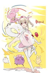  1girl :d apron blush border brown_hair collared_dress commentary double-parted_bangs dress full_body hair_between_eyes hair_ornament hat highres mosuroshyu natori_sana open_mouth outside_border pink_apron pink_hat rabbit_hair_ornament red_eyes sana_channel short_hair short_sleeves smile solo standing standing_on_one_leg thigh-highs two_side_up virtual_youtuber white_border white_dress white_thighhighs yellow_background 