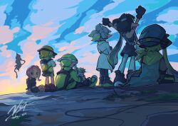  3girls 3others absurdres agent_3_(splatoon) agent_3_(splatoon_3) agent_4_(splatoon) agent_8_(splatoon) arms_up artist_name black_pantyhose black_skirt bow-shaped_hair callie_(splatoon) cap'n_cuttlefish cape captain_3_(splatoon) clouds coat commentary crop_top dg1d34_spl dolphin_shorts english_commentary floating grey_hair hat headgear highres ink_tank_(splatoon) long_hair looking_at_viewer marie_(splatoon) medium_hair multiple_girls multiple_others octoling on_ground outdoors pantyhose peaked_cap pencil_skirt pink_hair short_hair shorts signature sitting skirt smallfry_(splatoon) splatoon_(series) splatoon_3 squid standing tentacle_hair twitter_username very_long_hair white_cape white_coat white_pantyhose 