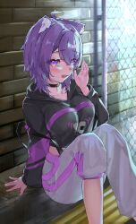  1girl ahoge animal_collar animal_ears asymmetrical_pants black_collar black_hoodie breasts cat_ears cat_girl cat_tail chain-link_fence collar commentary_request cropped_hoodie double-parted_bangs fence food_print hair_between_eyes hand_up highres hololive hood hoodie large_breasts long_sleeves looking_at_viewer nekomata_okayu nekomata_okayu_(1st_costume) onigiri_print open_mouth pants purple_hair short_hair sitting solo sweatpants tail toake_(user_affe3424) violet_eyes virtual_youtuber white_pants 