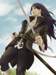  ayachu belt black_eyes black_hair coat long_hair male pants smile solo sword tales_of_(series) tales_of_vesperia weapon yuri_lowell 