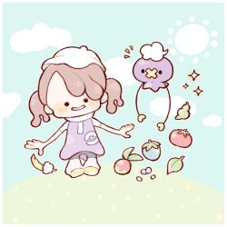  1girl black_pants border brown_hair chibi chibi_only clouds commentary_request day ditto dress drifloon female_protagonist_(pokemon_pokopia) food fruit highres leaf namino24 notice_lines outdoors outline pants peach pokemon pokemon_(creature) pokemon_pokopia purple_dress shirt shoes short_hair short_sleeves smile solid_circle_eyes sparkle strawberry sun tomato transformed_ditto white_border white_outline white_shirt yellow_shoes 