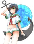  anchor black_hair blush green_eyes hat looking_at_viewer michii_yuuki midriff murasa_minamitsu navel neckerchief no_panties open_shorts over_shoulder sailor sailor_hat short_hair short_shorts shorts solo touhou 