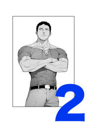  1boy absurdres belt belt_buckle black_belt black_eyes black_hair buckle collarbone covered_abs crew_neck crossed_arms dark-skinned_male dark_skin grey_pants greyscale highres large_pectorals looking_to_the_side monochrome muscular muscular_arms muscular_male original pants pectoral_cleavage pectorals short_hair simple_background sokytk2 veins veiny_arms very_short_hair white_background 