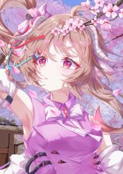  1girl absurdres ahoge animal_ears ardelia_(arknights) arknights arknights:_endfield arm_up armpits bow bowtie braid breasts brown_hair cherry_blossoms chinese_commentary closed_eyes collared_shirt commentary_request curled_horns dress drill_hair drill_ponytail eyjafjalla_(arknights) flower grey_horns hair_ornament highres horns long_hair looking_to_the_side medium_breasts pink_eyes pink_flower pink_theme purple_shirt sheep_ears sheep_girl sheep_hair_ornament sheep_horns shirt side_braid single_braid sleeveless sleeveless_dress solo upper_body white_bow white_bowtie zsha 