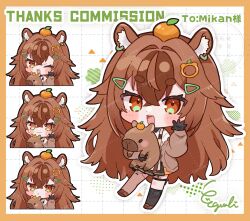  1girl :3 :d ;d animal animal_ear_fluff asymmetrical_legwear black_gloves black_skirt black_socks blush_stickers border brown_hair brown_jacket brown_shoes capybara capybara_ears capybara_girl character_request chibi chibi_only closed_mouth commentary commission copyright_request crossed_bangs double-parted_bangs drop_shadow egissi food food_on_head fruit full_body gloves grid_background hair_between_eyes hair_intakes hair_ornament hairclip hand_up highres holding holding_animal jacket kneehighs long_hair long_sleeves looking_at_viewer mandarin_orange mismatched_legwear multiple_views object_on_head off_shoulder one_eye_closed open_clothes open_jacket open_mouth orange_eyes outline outside_border pleated_skirt shoes signature single_kneehigh single_sock single_thighhigh skeb_commission skirt smile socks standing thick_eyebrows thigh-highs uneven_legwear white_background white_outline white_thighhighs yellow_border 