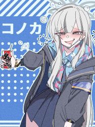  1girl armband blue_archive blue_armband blue_necktie blue_shirt bocchi_the_rock! commentary_request drink_carton drunk floral_print_shirt grey_eyes grey_hair grey_halo grey_jacket halo hawaiian_shirt highres hiroi_kikuri holding holding_drink_carton jacket konoka_(blue_archive) mask mask_pull mouth_mask necktie ni_ketsu senbongi_sayaka shirt solo surgical_mask voice_actor_connection white_mask 