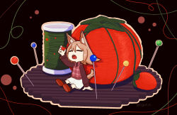  1girl animal_ears arm_up black_background black_socks blonde_hair brown_sweater closed_eyes commentary_request food hair_flaps highres holding holding_food kemonomimi_mode medium_hair mini_person minigirl nijyu7 open_mouth pink_sweater_vest plaid_clothes plaid_sweater_vest plaid_vest red_shoes sewing_pin shoes sidelocks skirt socks solo spool sweater sweater_vest tail tomato turtleneck turtleneck_sweater twitter_username urotsuki vest white_skirt wolf_ears wolf_girl wolf_tail yume_2kki 