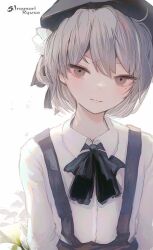  1girl artist_name bad_id bad_twitter_id beret black_hat black_ribbon brown_eyes closed_mouth collared_shirt expressionless flower grey_hair hair_rings hat hatoba_tsugu highres inamori_ryusa looking_at_viewer mole mole_under_eye ribbon shirt shirt_tucked_in short_hair simple_background single_hair_ring solo suspenders tsugu_(vtuber) upper_body virtual_youtuber white_background white_flower white_shirt 