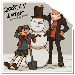  artist_name black_jacket black_pants blue_sweater brown_mittens brown_scarf closed_mouth commentary_request dated green_shorts hershel_layton homa_kura jacket looking_at_another lowres luke_triton mittens open_mouth orange_sweater pants photo_(object) planted planted_shovel professor_layton scarf short_hair shorts shovel snowman sweater torn_photo white_scarf winter_clothes 
