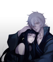  1boy 1girl alternate_costume bare_shoulders black_dress black_hair blunt_bangs bridal_veil chest_tattoo collarbone couple crescent crescent_earrings crescent_moon curly_hair dress earrings gradient_background green_eyes grey_background grey_hair hand_on_another's_head head_tilt heads_together hetero high_collar highres hyuuga_hinata japanese_clothes jewelry leaning_on_person leaning_to_the_side long_hair long_sleeves looking_at_viewer mitsudomoe_(shape) moon naruto:_the_last naruto_(series) no_pupils noeunjung93 ootsutsuki_toneri open_mouth parted_lips robe second-party_source shade shaded_face tattoo tomoe_(symbol) upper_body veil violet_eyes wide_sleeves 