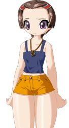  1girl 2000s_(style) :< blue_camisole breasts brown_hair camisole closed_mouth collarbone cowboy_shot game_cg hair_ornament hairclip jewelry kenki_fujioka large_variant_set looking_at_viewer lowres majo_no_ochakai necklace non-web_source official_art parted_bangs short_hair short_shorts shorts simple_background small_breasts solo standing tachi-e thighs transparent_background tsurime variant_set violet_eyes wince yellow_shorts yuuhi_megumi_(majo_no_ochakai) 