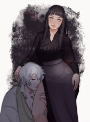  1boy 1girl alternate_costume artist_name black_dress blunt_bangs closed_eyes closed_mouth couple curly_hair dress english_commentary hair_between_eyes hand_on_own_hip hetero high_collar highres hyuuga_hinata japanese_clothes kankuroplease kissing_thigh kneeling leaning_on_person leaning_to_the_side light_blush light_smile long_hair long_sleeves mitsudomoe_(shape) naruto:_the_last naruto_(series) no_pupils ootsutsuki_toneri pale_skin pink_lips purple_hair side_slit standing straight_hair thick_lips thick_thighs thighs tomoe_(symbol) upper_body violet_eyes watermark white_hair wide_hips 