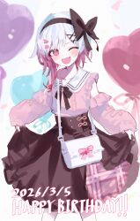  1girl ;d absurdres aya86qi balloon black_hairband black_ribbon black_skirt book_off center_frills collared_shirt commentary_request cowboy_shot dated frilled_shirt frilled_skirt frills gradient_hair hair_ornament hairband happy_birthday heart_balloon highres long_sleeves looking_at_viewer mahou_shoujo_no_majo_saiban multicolored_hair neck_ribbon official_alternate_costume one_eye_closed open_mouth pink_eyes pink_hair pink_shirt ribbon sakuraba_ema shirt skirt skirt_hold smile solo standing white_bag white_hair x_hair_ornament 