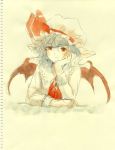 chin_rest face graphite_(medium) hands hat highres portrait remilia_scarlet short_hair sketch smile solo sugi touhou traditional_media watercolor_(medium) 